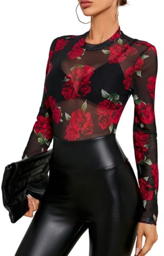 GORGLITTER Women's Mesh Floral Long Sleeve T Shirt Tops See Through Skinny Stretchy Going Out Tops Black M