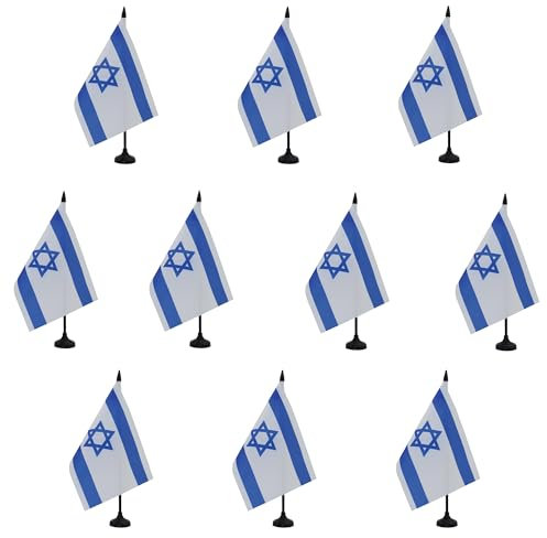 AZ FLAG - Lot de 10 Drapeau De Table Israël 21x14 cm - 10 Petits Drapeaux Israélien De Bureau 100% Polyester Avec Hampe De 25cm Et Socle En Plastique Noir