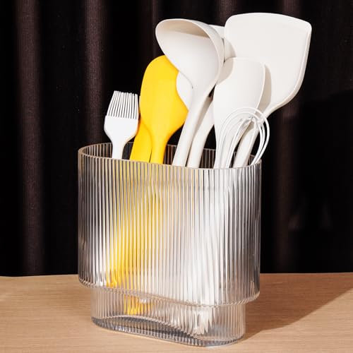 NiHome Grand porte-ustensiles de cuisine en verre pour comptoir, design à rayures verticales, gain de place pour cuisine et salle à manger, passe au lave-vaisselle, affichage floral essentiel pour les