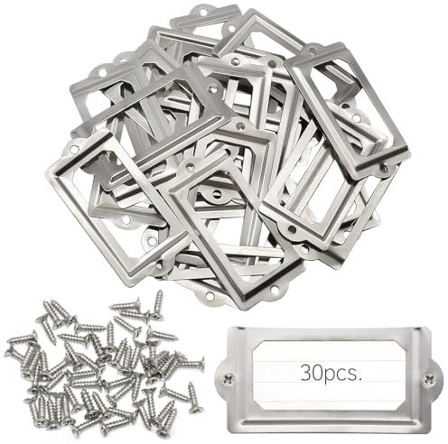 Ruidee 30 Stück Metall Etikettenrahmen Vintage 70x33mm Etiketten Kartenrahmenhalter Möbel Schublade Label Halter mit Schrauben Namensschild Etikettenrahmen für Büro Bibliothek (70x33mm/Silver)