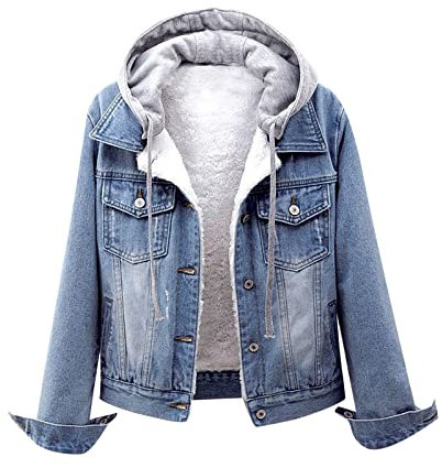 Jeansjacke Damen Kurz Winter, damen-jeansjacken Fleece Gefütterte Jacke Tasten Jean Trucker Outdoor Jacken für Damen Loose Fit Arbeitsjacke Kapuzenjacke mit Taschen Outerwear Thermal Thick Overcoat