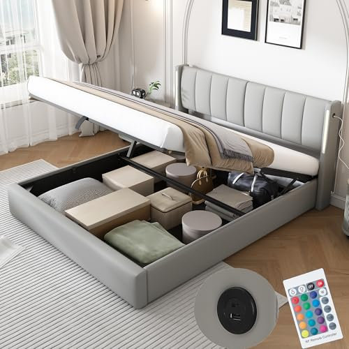 Zepneiy Lit 160x200 avec Sommier LED et USB, Coffre de Rangement, Tête Réglable, Double à Lattes pour 2 Personnes, Rembourré (Sans Matelas)