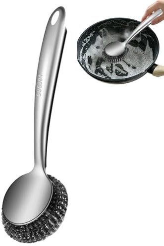 Holdes Grattoir en métal pour la vaisselle, brosse à vaisselle en métal – Brosse à vaisselle en laine d'acier avec long manche, tampons pratiques en laine d'acier, éponges à récurer en acier