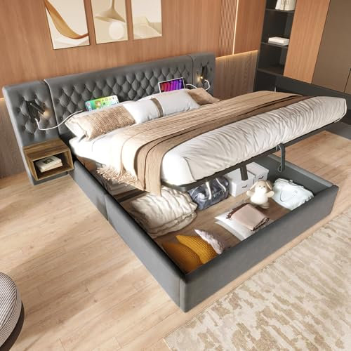 Bettanlage Schlafzimmer Komplett Set, Polsterbett Doppelbett Hydraulisch Stauraumbett 180×200 cm mit Stauraum&2 Nachttischen, Extrabreiter Kopfteil mit Leselicht&USB Ladefunktion, Ohne Matratze, Grau
