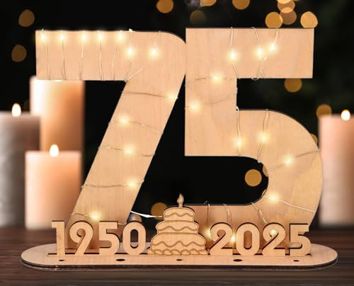 Giftota 2025 Originelle 75 Geburtstag Geschenk Frauen & Männer - Geldgeschenke Geburtstag 75 mit LED-Lichterketten - Dekorationen aus Holz - 75 Holz-Schild Gästebuch - Personalisierbares Geschenk
