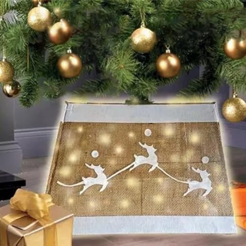 LED Christmas Tree Skirt Reindeer Design Xmas Tree Skirt Base Decoration Glowing with 55 LED lights Base light Stand Christmas Wicker Cover with Ribbon LED lights Battery Powered Stand Bucket Cover