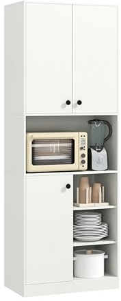 COSTWAY Credenza Alta per Cucina con 4 Ripiani Aperti, Mobile Cucina Dispensa con 2 Armadietti e 3 Ante, Armadio Cucina Porta Microonde, per Sala Pranzo, Soggiorno, 60 x 33 x 166 cm (Bianco)