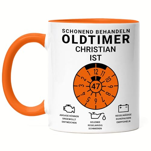 Kiddle-Design Personalisierte Tasse 47. Geburtstag, Schonend behandeln Oldtimer ist 47, 47ter Geburtstag Lustiges Geschenk Mann Frau, Tasse Orange
