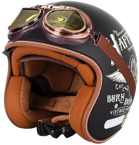 EBAYIN Retro Casque Demi Jet, Casque Jet Vintage, Casque Moto Scooter, Casque Bol Homologué ECE Casque De Protection for Hommes Et Femmes, Casque De Cyclomoteur avec Lunettes(B,XL=(61~62cm))