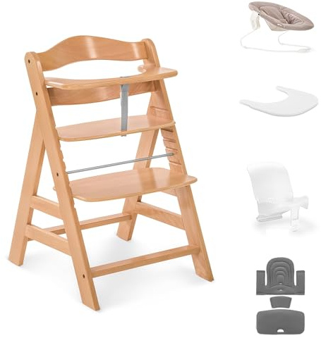 hauck Alpha+ Economy Bundle Holzhochstuhl Geburt bis 90 kg, Buche Natur | Inkl. 2in1 Neugeborenen-Hüpfwagen, Sitzverkleinerer + Pad, Click-On-Tablett, 5-Punkt-Gurt, Schrittgurt, Stoßstange