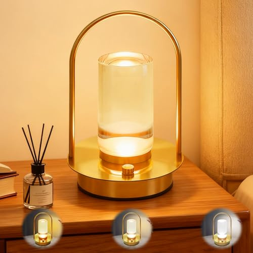 GBKDQQ Nachttischlampe Touch Dimmbar, 3 Farbtemperatur, LED Nachtlicht Kinder, LED Dimmbare Tischlampe Kabellos, Akku Tischlampe mit USB Aufladbar für Restaurant Outdoor Nachttisch Wohnzimmer (Gold)