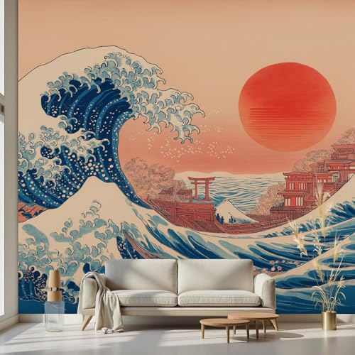 Kioldoq Sun Sea Torii Wall Mural Decoration, Ocean Waves Wallpaper Peel and Stick, Japanese Mural for Living Room, Wallpaper Vinyl Waterproof Kitchen Bedroom 150x105 cm