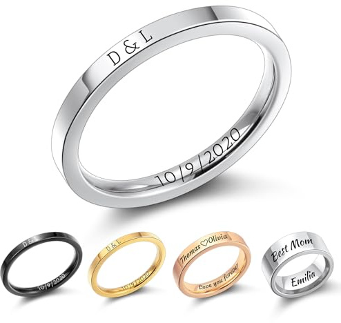 MMXX Personalisierte 2MM/4MM/8MM Edelstahlringe Individuelle Gravur Name Datum Schlichte Eheringe Hochglanzpoliert Verlobungsring für Frauen Männer