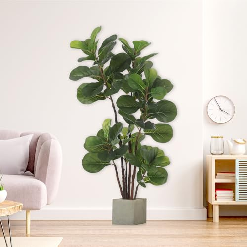Artificial Realistic Plant Fiddle Fig Tree, 120cm / 4ft Tall Large Artificial Plant with Lifelike Leaves & Real Wood Trunk, Realistic Silk Plant for Indoor Living Room Office Home Decor