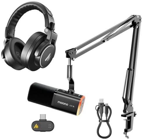 MAONO PD100WS Wireless Gaming Microphone, 2.4GHz Wireless & USB Dynamic Mic with MH700 Professional Studio Headphones, Over Ear Headphones with 6.35 and 3.5mm Detachable Cables