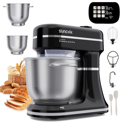 SUNCOK Batidora Amasadora 1500W, 12 velocidades + Pulse, Con Bol 10L para Hornear, movimiento planetario,Fermentación/Calentamiento, Báscula, Temporizador,3 Accesorios de Mezcla
