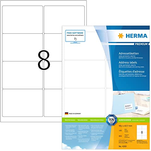 HERMA 4269 Versandetiketten, 100 Blatt, 99,1 x 67,7 mm, 8 pro A4 Bogen, 800 Stück, selbstklebend, bedruckbar, matt, blanko Papier Adressetiketten Aufkleber, weiß