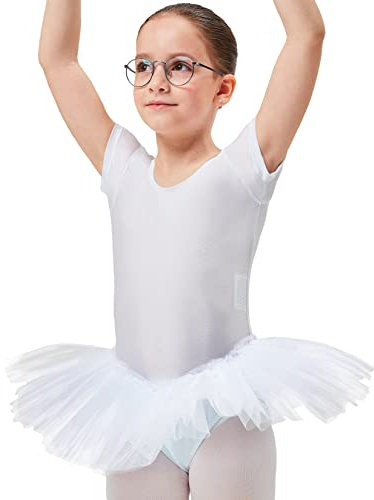 tanzmuster Kinder Ballett Trikot Ballettanzug Alina mit Tutu-Röckchen - Balletttutu aus 3-lagigem Tüll. Zauberhaftes Ballettkleid für Mädchen in weiß, Größe:116/122