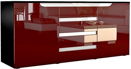 Vladon Sideboard Sylt V1, Kommode mit 2 Türen und 4 Schubladen, Korpus - Anthrazit matt/Front - Bordeaux Hochglanz/Absetzung - Weiß Hochglanz (138,5 x 75,5 x 35 cm)