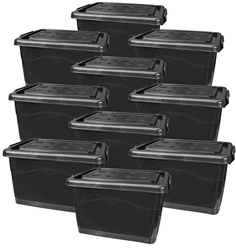 Lot de 10 coffres, Caisse de Rangement Plastique avec Couvercle et roulettes 40 L Noir (10x22257)