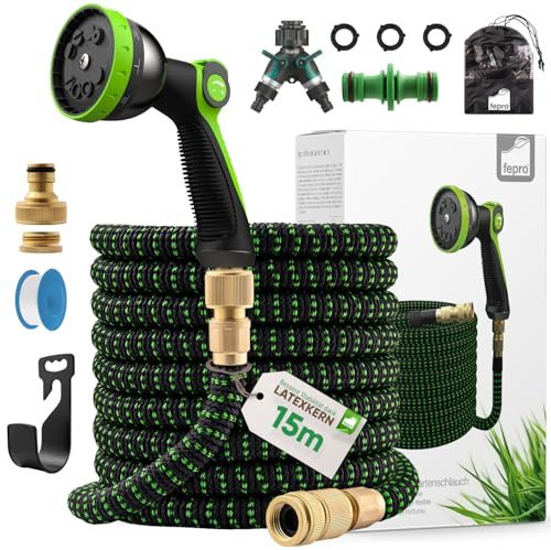 Florafix Flexibler Premium Gartenschlauch, Wasserschlauch Flexibel mit 3-Fach Latexkern, Dehnbarer FlexiSchlauch, Alle Verschraubungen aus Hochwertigem Messing (ausgedehnt 15m)