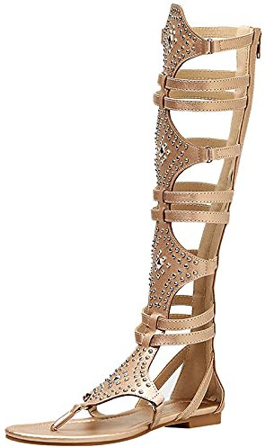 Jamron Damen Knie Hoch Römische Gladiator Sandalen Nieten Besetzt Riemchensandalen Reißverschluss Zehensandalen Gold SN020342 EU36