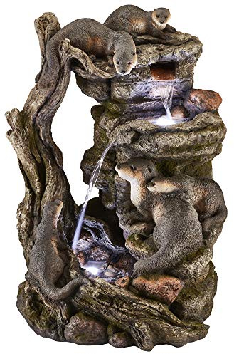 Serenity Otter Family Water Feature Light Up LED, Self Contained for Garden, Decking & Patio, Outdoor, Weatherproof, Height 76cm