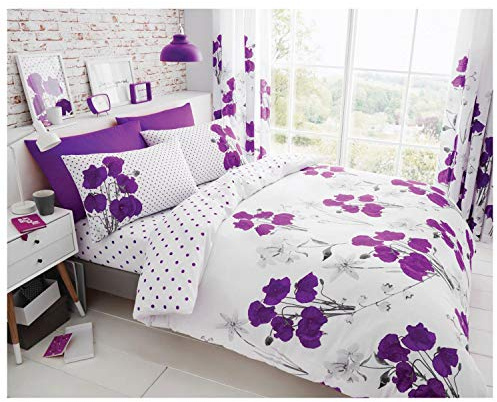 Lions Floral Bedding Set, King Size Bed Duvet Cover with Pillowcase, Luxury Printed Reversible Soft Quilt Covers, Ultra Soft Polyester-Cotton, 220x230cm Aubergine