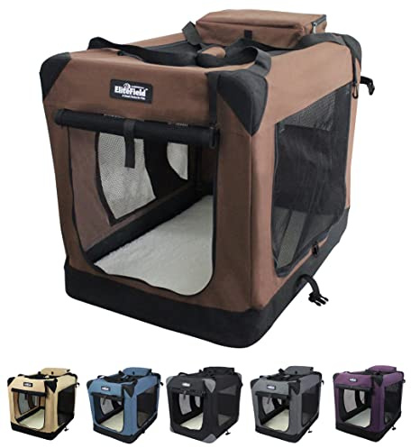 EliteField 3-Door Folding Soft Dog Crate with Carrying Bag and Fleece Bed (2 Year Warranty), Indoor & Outdoor Pet Home (24 L x 18 W x 21 H, Brown)