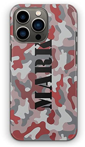 Personalised Initials Hard Phone Case For Apple iPhones, 16, 15, 14,13, 12, 11, Pro Max, Mini, XR, SE Red and Grey Army Camouflage Print with Custom Name/Black Capital Text, Camo Phone Cover