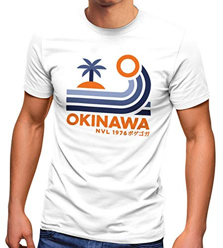 Neverless® Herren T-Shirt Japan Okinawa Schriftzug Retro Palme Welle Fashion Streetstyle weiß XL