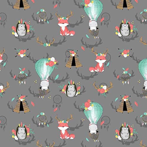 100x160cm Igel Fuchs Indianer 100% Baumwolle Baumwollstoff Kinder Meterware Handwerken Nähen Stoff (Igel Fuchs Indianer Grau, 100x160cm (11,99€/m))