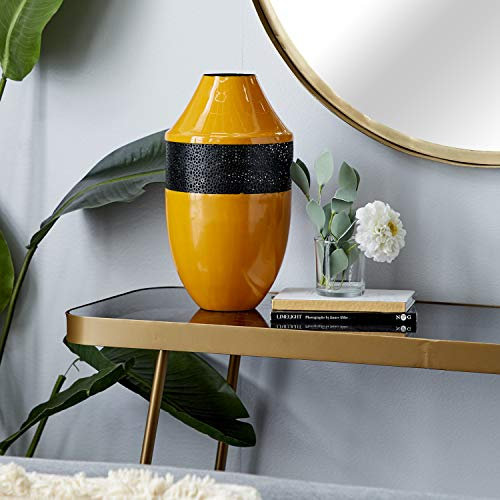 Bohemian Yellow Enamel Metal Floor Vase w/ Black Wire Metal Design, 7’’x13’’