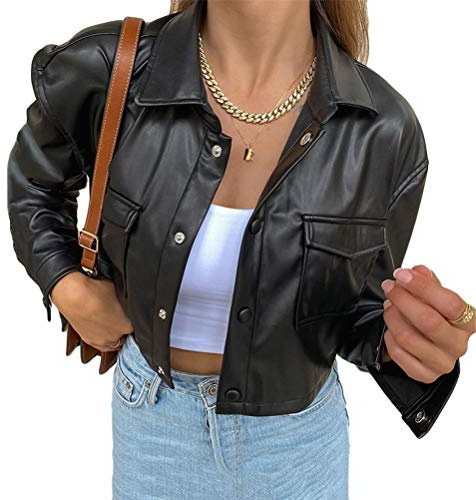 ORANDESIGNE Damen Lederhemd Y2K Retro Punk Übergroßer PU Lederblazer Lederjacke Gotische Blusenjacke Langarm Einreiher Kunstleder Blusen