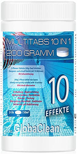 GlobaClean Chlor Multitabs 10 in 1 - Zwei Phasen Chlortabletten für Pool mit 10 Funktionen - Desinfektion von Poolwasser und Filter - 200g Tabletten 1kg