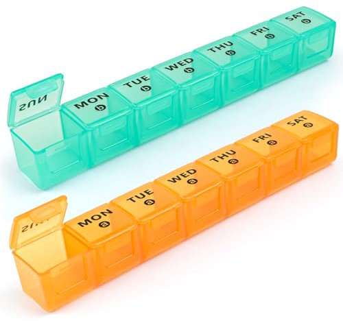Tablettenbox 7 Tage Morgens Abends, Extra Großen Pillendose 7 Tage 2 Fächer Medikamentenbox 14 Tage Große Fächer Eine Woche Pillenbox Groß Tragbare Reise Medikamentenbox 7 tage (Blau-orange)