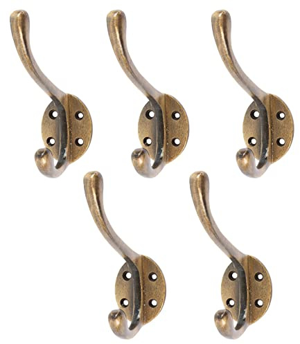 Hammer and Tongs Brass Hat & Coat Hooks - Pack of 5 - W40mm x H105mm - Metal Vintage Wall Mounted Entryway Coat Hooks Hat Hook Storage Hanging for Clothes, Coats, Hats