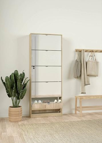 Zapatero de cinco puertas con espejo, color roble, 71 x 181 x 20 cm