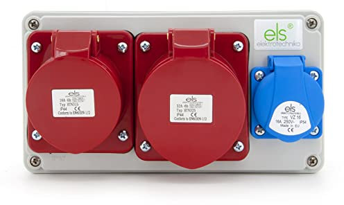 ELS Elektrotechnika Stromverteiler Wandverteiler Schuko 1x230V + 1x CEE 16A + 1x CEE 32A, Steckdosen, Verdrahtet, Baustromverteiler für Indoor/Outdoor-Bereich, Werkstätten und Fabriken