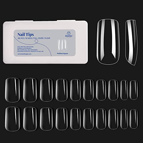 Beetles Medium Square False Nails Tips 500Pcs Fake Gel Tips Acrylic Press on Nails Clear Artificial False Nails Need Nail Glues for Acrylic Nail/Dip Powder Nails/Poly Nail Extension Gel Nail Art DIY