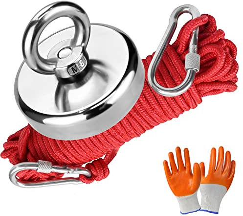RAINPOP Fishing Magnets, 120KG(265lbs) Pull Force, Strong Retrieval Magnet Neodymium Magnets with 20m(65 Ft) Rope, Powerful Magnets for Fishing and Magnetic Recovery Salvage(Diameter 2.5in)
