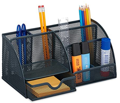 Relaxdays Schreibtisch Organizer, Metall, mit Stiftehalter & Schublade, HBT: 13x28x14 cm, Schreibtischbutler, anthrazit