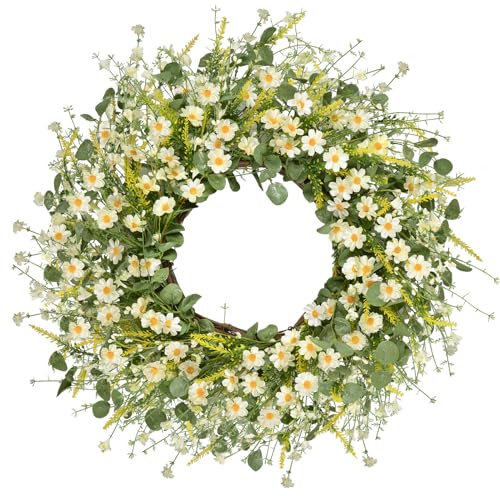 LSKYTOP 61 cm künstlicher Gänseblümchen-Blumenkranz mit Eukalyptusblatt, Seidenblume, weiße Beeren, Frühlingssommer-Kranz für Haustür, Wanddekoration