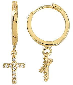 JC Trauringe Echt Gold Damen Ohrringe Creolen Kreuz-Anhänger mit Zirkonia Steine in 585 Gelbgold Clip Verschluss Gold Kreuzohrringe Schmuck 8433