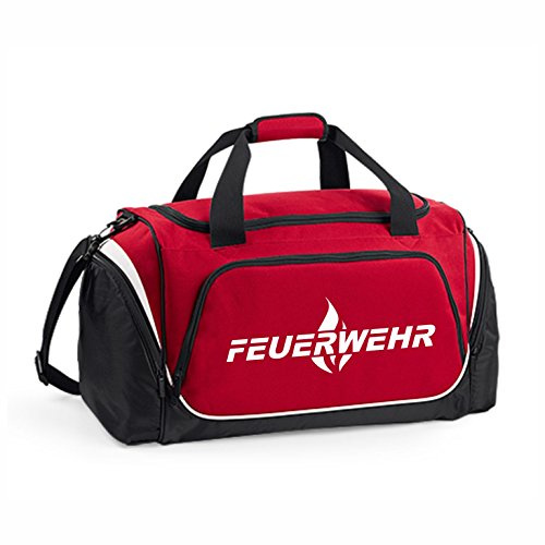 Hochwertige Feuerwehr Sporttasche / 62x32x30cm / 55 Liter/Feuerwehr Flamme/Umhängetasche/Fitnessbag/Tragetasche/Reisetasche/Rettungsdienst/THW (Rot/Druck Weiß)