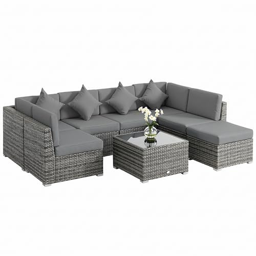 Outsunny 8 Pieces PE Rattan Corner Sofa Set Garden Furniture Set Grey | Outdoor Patio Wicker Sofa, 7 Seater, Cushion, Washable Cushion Cover, Tempered Glass Table