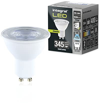 Integral Bombilla LED 5 PACK GU10 Fría Natural 6500 K, 400 LM, 3,6 W (equivalente a 50W) regulable - Eficiencia energética e ideal para focos y luces empotradas en baños, cocinas, salones
