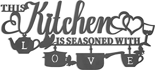 KHayRovies Metal Kitchen Wall Decor, This Kitchen is Seasoned with Love Black Word Name Sign Hanging Wall Art Decor, Rustic Iron Letters Quotes for Kitchen Farmhouse Dining Room Home Decor (A)
