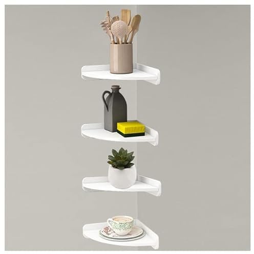 White Corner Shelf, 4 Tier Floating Wall Shelves Wall Mounted No Drilling Corner Stand Kitchen Bedroom, Living Room, Bathroom (S)