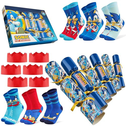 SONIC THE HEDGEHOG Christmas Crackers con 6 Calzini Divertenti per Bambino - 6 Crakers Natalizi con Gadget Sonic Regali per Gamer